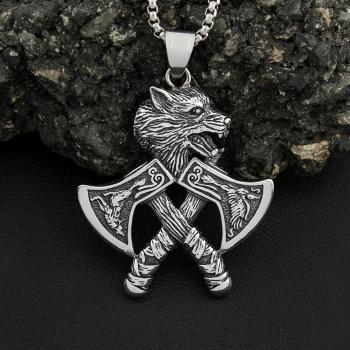 Vintage Vikings-Halskette mit Doppelaxt-Anhänger, 316L Edelstahl, verblasst nicht, klassische Wolfskopf-Halsketten, nordischer Schmuck